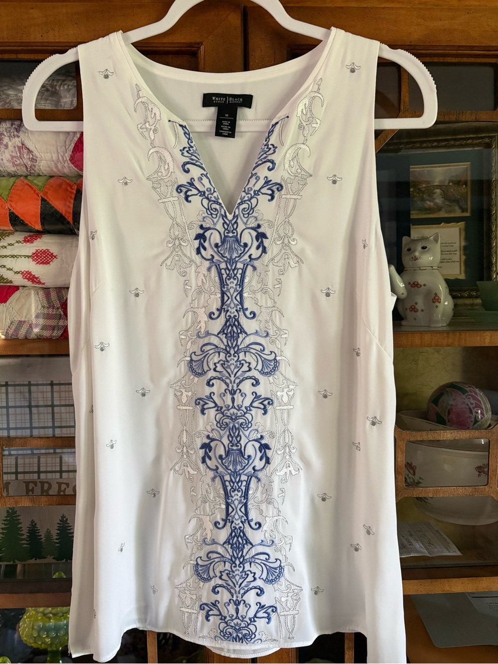 White House Black Market White Top with Blue Embroidered Detail